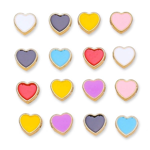 Macro shot of 8MM heart charms in various enamel colors with golden metal edges