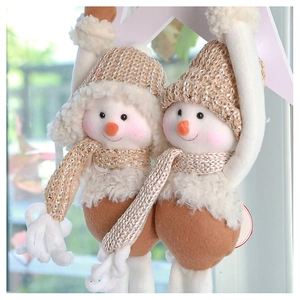 Detail of plush snowman Christmas ornaments with knitted hats and sparkling scarves