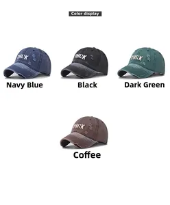 Detail of four washed cotton baseball caps featuring 3D THINK embroidery and distressed holes