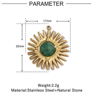 Detail showing 17mm x 20mm gold sun pendant with green natural stone and dimensions