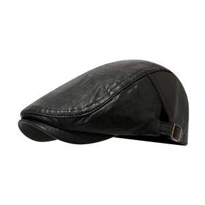 Classic black faux leather newsboy cap with lychee texture and side metal buckle