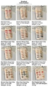 Detailed grid of colorful star and heart hair clips with size and weight specs