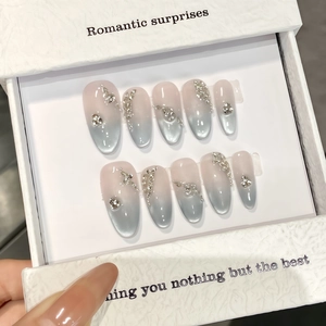 Faux Ongles Faits À La Main Œil De Chat Dégradé Bleu Gris Strass Style Français Luxe Élégant Pour Femmes