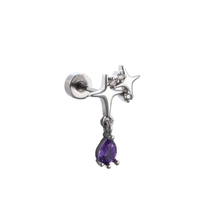 Silver steel stud earring with star zircon and purple teardrop gem pendant on white