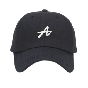 Classic black cotton baseball cap with white 3D letter A embroidery and curved brim