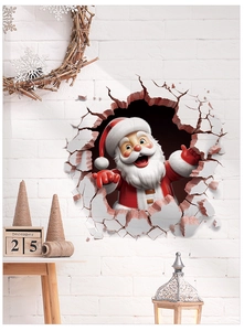 Detail showing 3D Santa Claus wall sticker breaking through a white brick texture wall