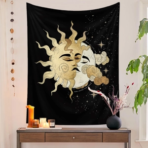 Detail of sun and moon tapestry with Love Me Like The Sun Loves The Moon quote on wall