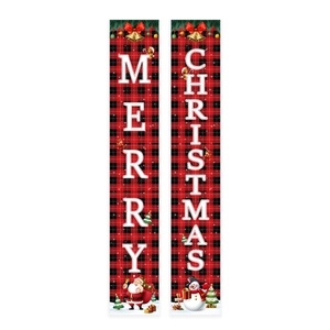 Christmas porch signs with buffalo plaid, merry christmas text and holiday snowman pattern