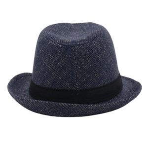 Detailed macro view of the blue-brown wool felt fedora with a black decorative ribbon