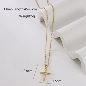 Close-up of gold cross pendant necklace with micro-pave zircons and chain dimensions