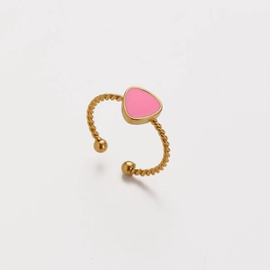 Macro view of gold-plated twisted rope ring featuring a pink triangle enamel detail
