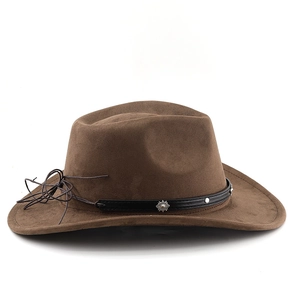 Detail of dark brown suede cowboy hat with studded leather band and woven rope knot