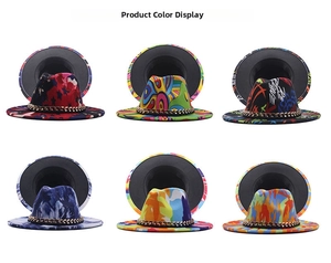 Detail of wide brim fedora hats with colorful graffiti patterns and metal chain decor