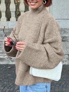 Pull décontracté à col roulé kaki pour femmes avec coupe ample pour l'automne et l'hiver