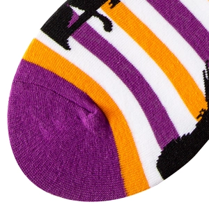 Colorful striped crew socks for Halloween featuring purple, orange, and black knit textures