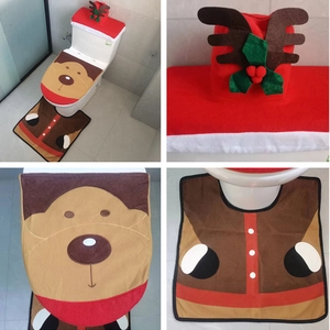 Detailed four-panel view of 3-piece Christmas elk toilet seat cover and rug set
