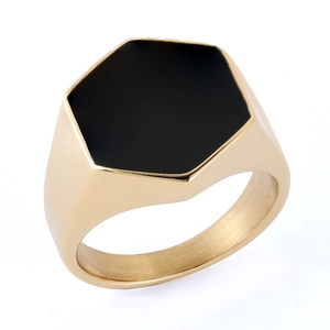 Minimalist gold stainless steel ring featuring a hexagonal black enamel signet face