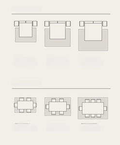 Size guide chart for vintage carpets showing recommended dimensions for bedroom and dining areas