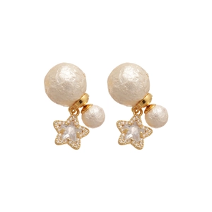 Elegant gold-plated star and double pearl drop earrings with sparkling zircon accents