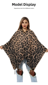 Detail of leopard print knitted shawl featuring classic brown patterns and fringe hem