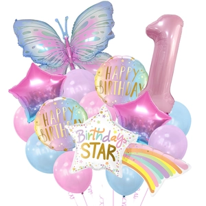 Birthday party balloon set featuring pink butterfly, number 1 foil, and colorful latex