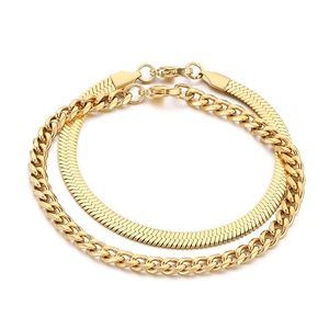 Double-layered gold titanium steel bracelet set with flat snake and cuban chain links