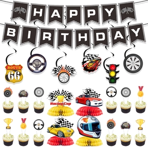 Décorations De Fête Anniversaire Voiture De Course Bannière Drapeau À Damiers Spirales Toppers Cupcakes Papier Sport Garçon