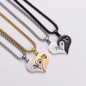 Couples heart pendant necklaces with crystals and I Love You engraving in silver and gold