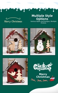 Detailed view of handmade wooden Christmas birdhouse ornaments with pine and deer motifs