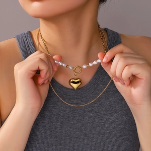 Double Layer Heart Pendant Necklace Stainless Steel 18K Gold Plated Imitation Artificial Pearl INS Style Jewelry For Women