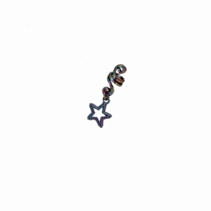 Detail of colorful metallic spiral dreadlock cuff with a star pendant on white background