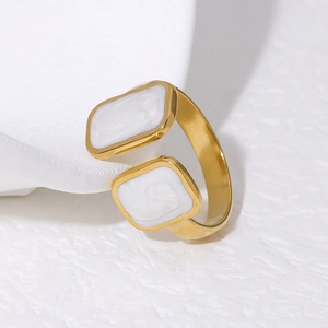 18K gold plated geometric open ring with white textured rectangular inlays for women