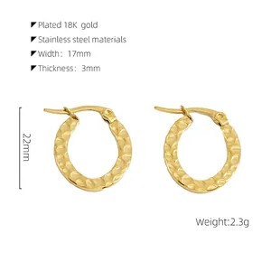 Detail showing 18K gold plated stainless steel hoop earrings with 17x22mm dimensions
