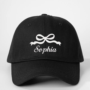 Casquette de baseball noire en coton avec broderie nœud blanc et texte Sophia personnalisée