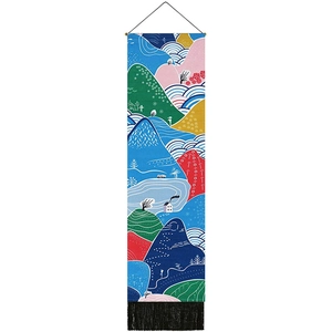 Japanese wave tapestry with colorful landscape illustration, wood hanging pole and tassels