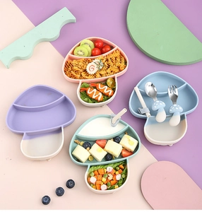 Divided mushroom silicone baby plates with suction base and matching cutlery set