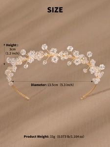 Close-up of handmade bridal headband with gold wires, crystal beads and size measurements