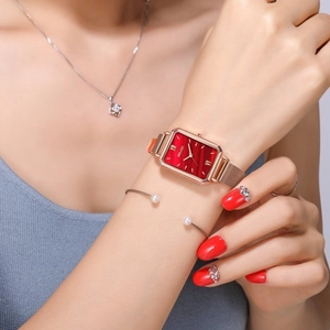Elegant Yolako rose gold rectangular watch for women with red sunray dial and mesh band