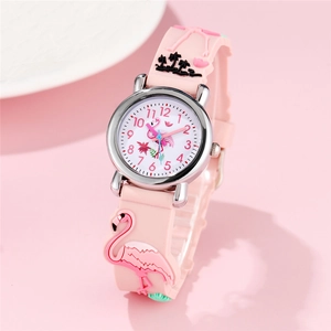 Pink flamingo kids watch with rainbow silicone strap and 3D palm tree relief decorations
