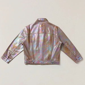 Detailed back view of holographic denim jacket featuring iridescent metallic finish and stitching