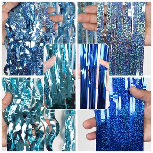 Blue Foil Fringe Curtain Tinsel Backdrop Birthday Party Decoration Metallic Shimmer Streamers For Ocean Theme Events Wedding Background
