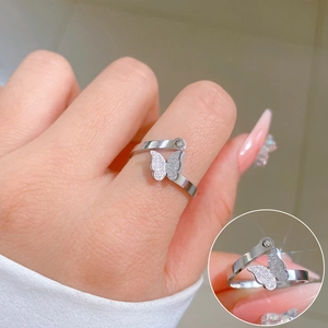 Minimalist Butterfly Ring Titanium Steel Frosted Zircon Open Adjustable Fashion Jewelry For Men Women