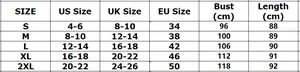 Detaillierte Größentabelle für schulterfreies Sommerkleid mit US, UK und EU Maßeinheiten