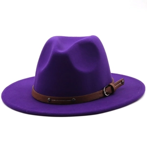 Detailed view of purple wool fedora hat with brown faux leather belt and metal buckle