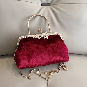 Velvet Evening Handbag With Rhinestone Flower Clasp Metal Round Handle And Detachable Chain Strap For Women Party