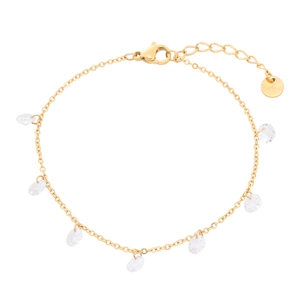 Gold stainless steel bracelet for women featuring seven colorful round cubic zirconia charms