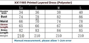 Detailed size chart for floral layered dress including shoulder, bust and waist specs