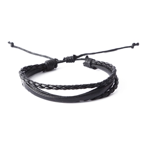 Bracelet trois pièces vintage en cuir noir et perles de bois pour homme avec cordon ajustable