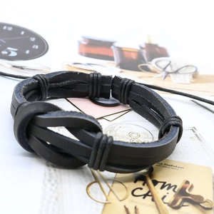 Handmade black woven leather infinity knot bracelet with vintage retro style for men and women