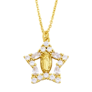 Star-shaped gold necklace with Virgin Mary pendant and cubic zirconia stone inlay